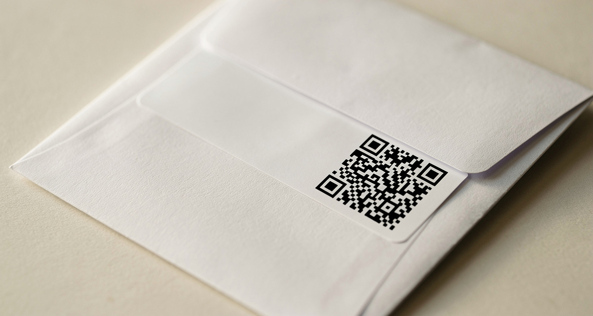 Briefumschlag mit aufgeklebtem Labelfreimachungs-Label und DataMatrix-Code der Deutschen Post