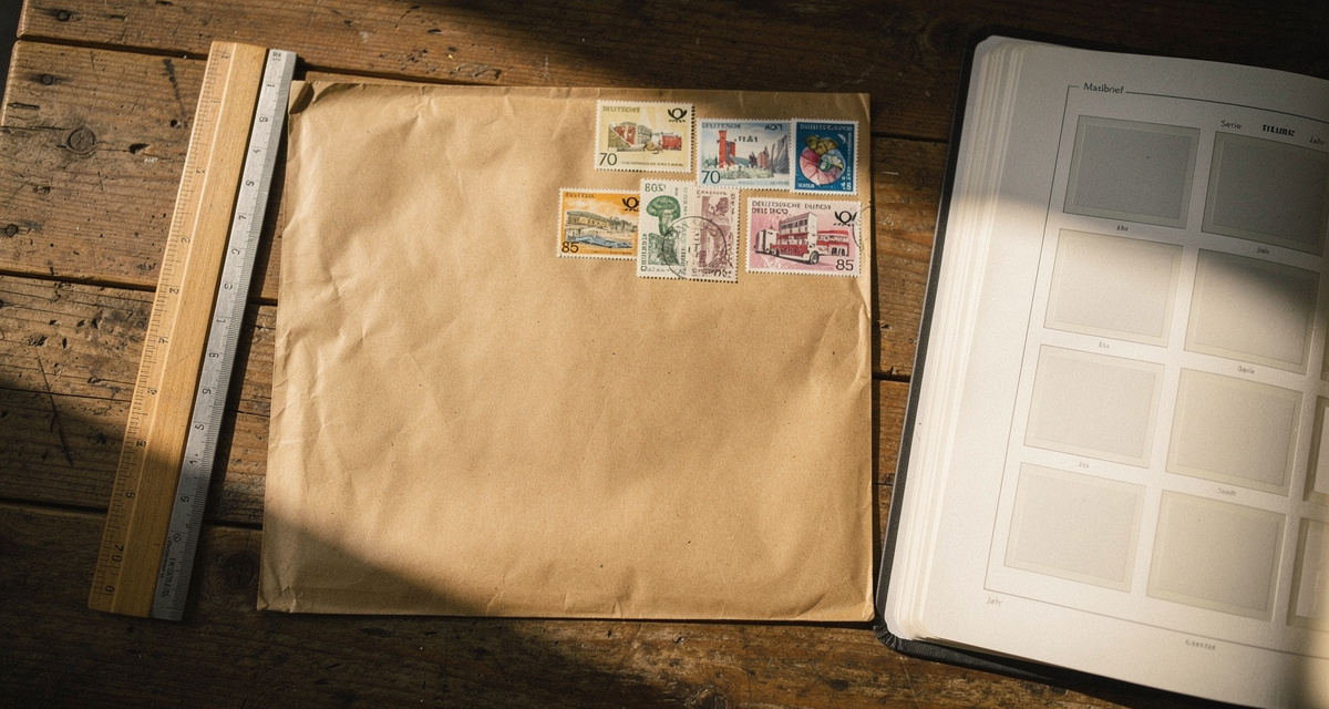 Maxibrief-Umschlag mit Briefmarken und Lineal auf Holztisch