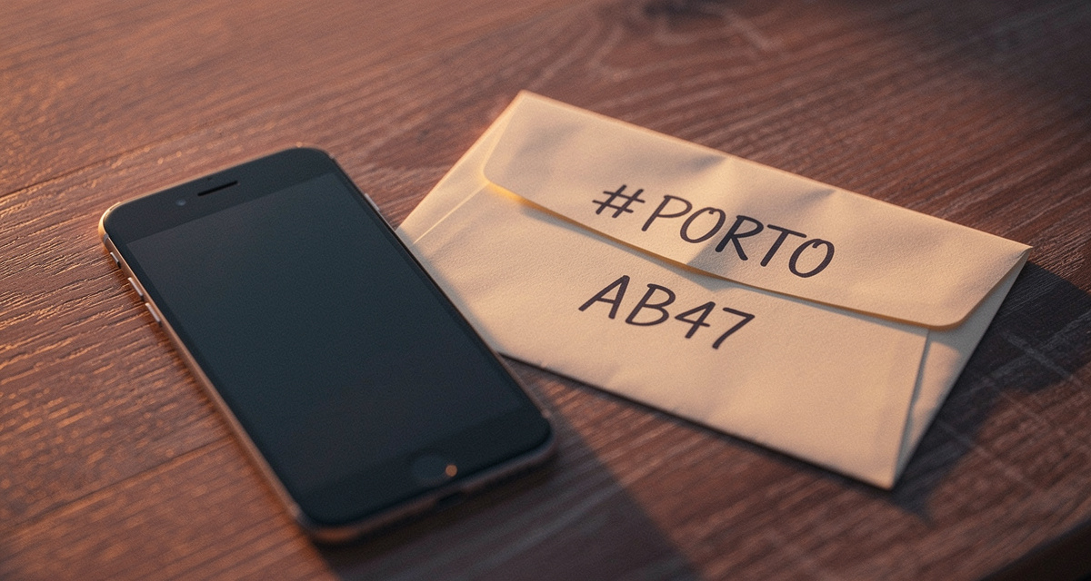 Smartphone neben Briefumschlag mit handgeschriebenem Mobile-Briefmarke-Code