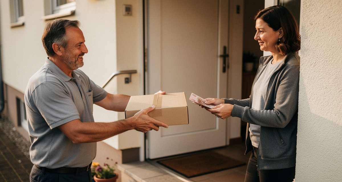 Zusteller gibt Paket an Empfaenger gegen Barzahlung an der Haustuer ab