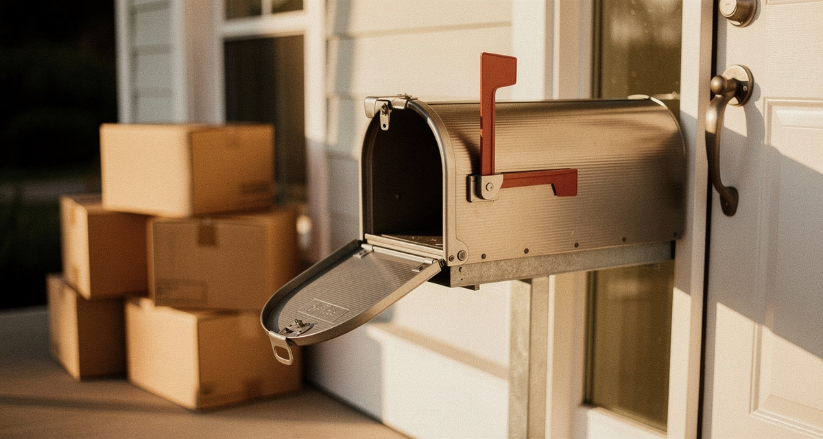 Briefkasten an einer Haustür mit Umzugskartons im Hintergrund