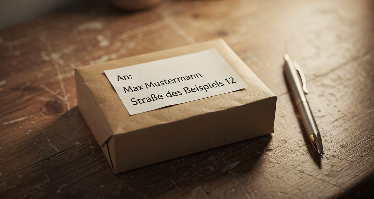 Päckchen versenden - Päckchen auf Schreibtisch mit Adressaufkleber