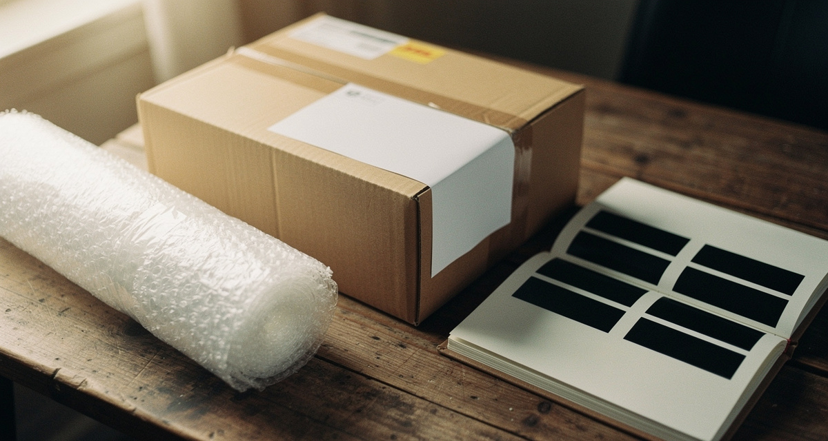 DHL-Paketkarton und Briefmarken-Steckalbum auf Holztisch