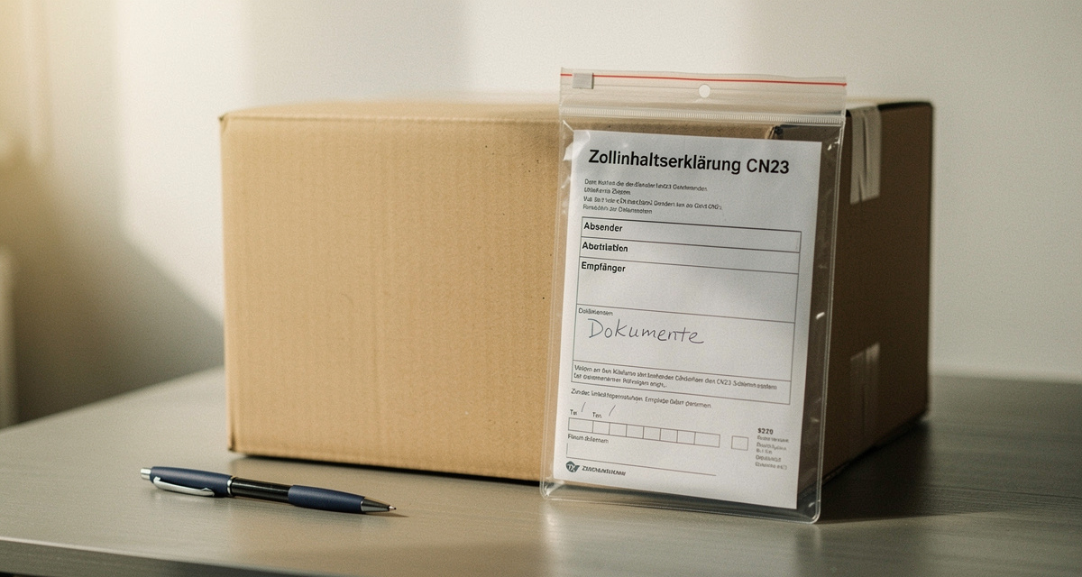 Paket mit Zollinhaltserklärung CN23 in Klarsichttasche vorbereitet für Versand ins Ausland