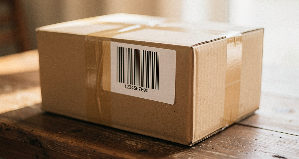 Karton mit aufgeklebter DHL Paketmarke auf einem Tisch