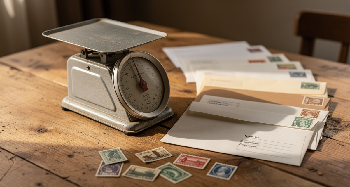 Briefwaage mit verschiedenen Briefformaten und Briefmarken auf einem Holztisch