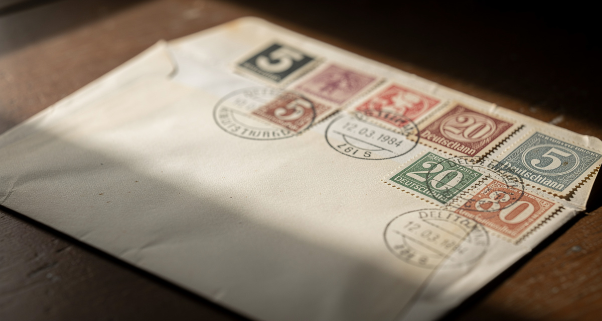 Briefumschlag mit mehreren Briefmarken verschiedener Nennwerte fuer Mehrfach-Frankatur