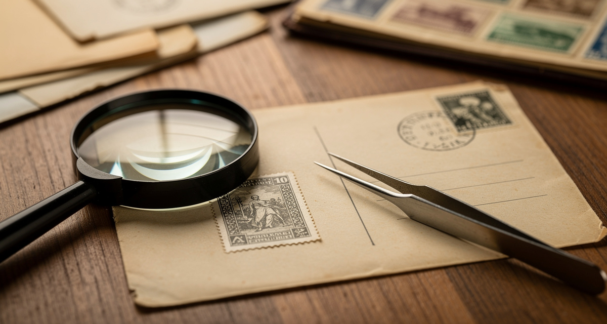 Verschiedene Postwertzeichen-Arten auf einem Tisch: Briefmarke, Ganzsachen-Umschlag, Lupe und Pinzette