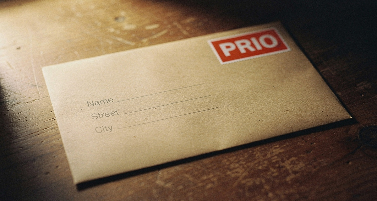 PRIO Brief mit roter Marke auf Holzunterlage