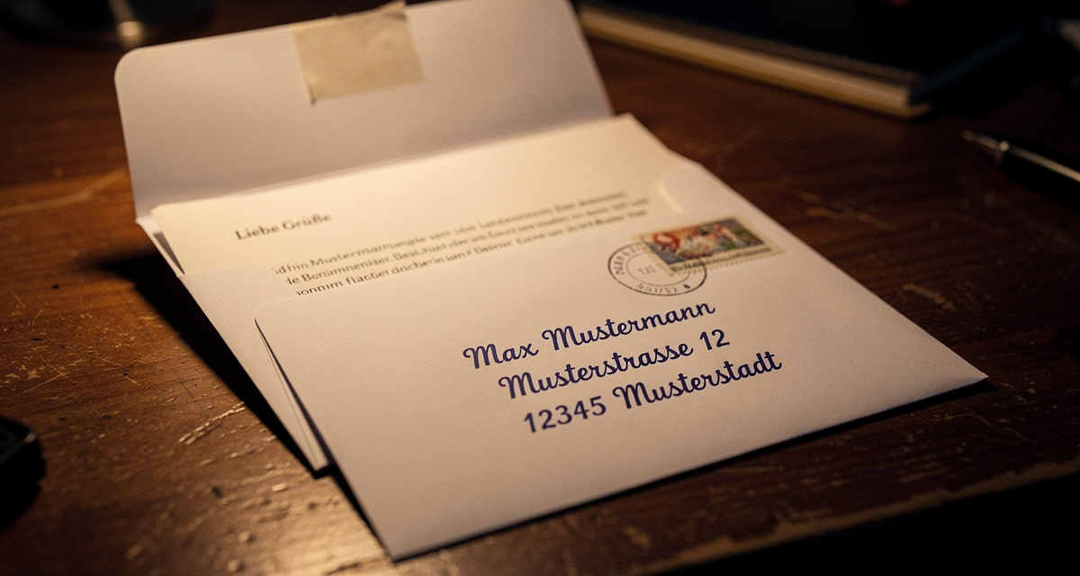 Standardbrief im DL-Umschlag mit Briefmarke auf Schreibtisch