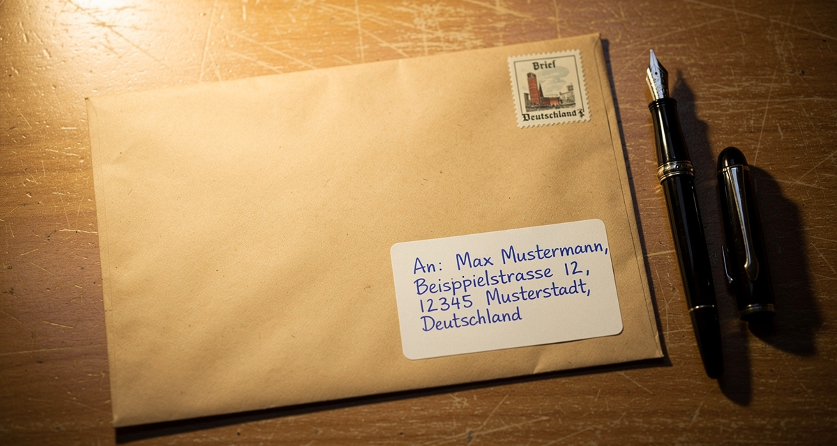 Versandtasche auf Schreibtisch mit Briefmarke oben rechts und Adressetikett