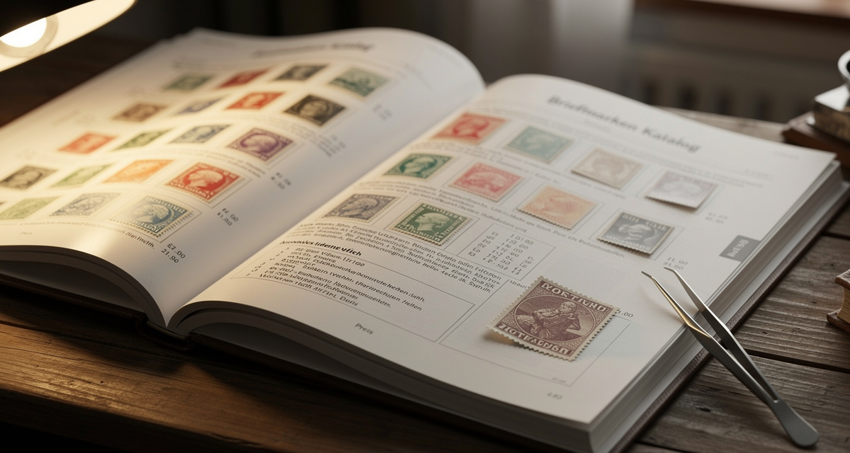 Briefmarken-Katalog aufgeschlagen auf Holztisch mit Lupe und Pinzette
