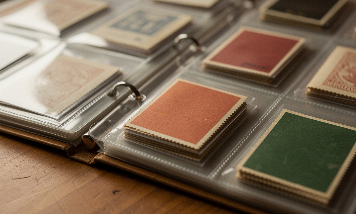 Markenheftchen in Spezialalbum mit tiefen Taschen, Deckel und Klammer sichtbar