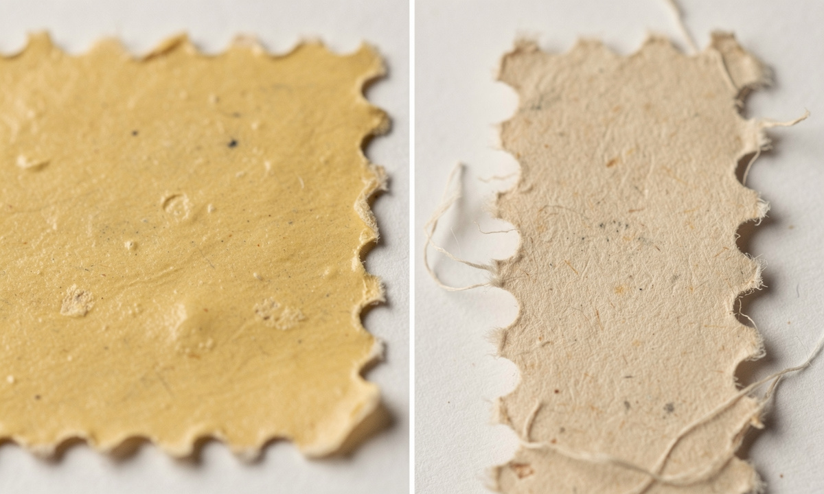 Rückseite einer nassklebenden Briefmarke mit sichtbarer Gummi-Schicht und Perforations-Zähnen