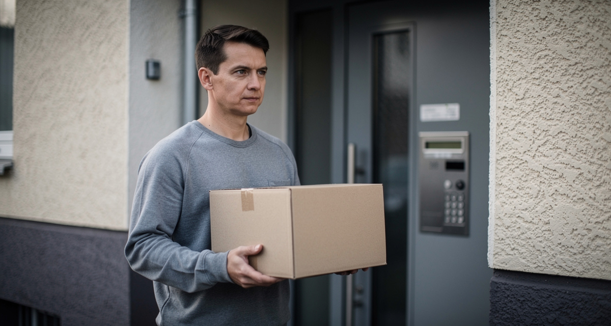 Zusteller hält ein Paket vor einer Wohnungstür
