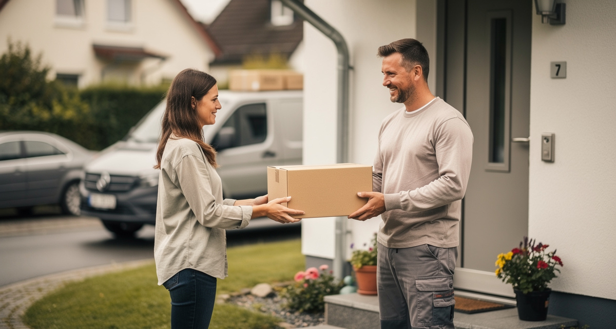 Paketzusteller übergibt an einer Haustür ein Paket