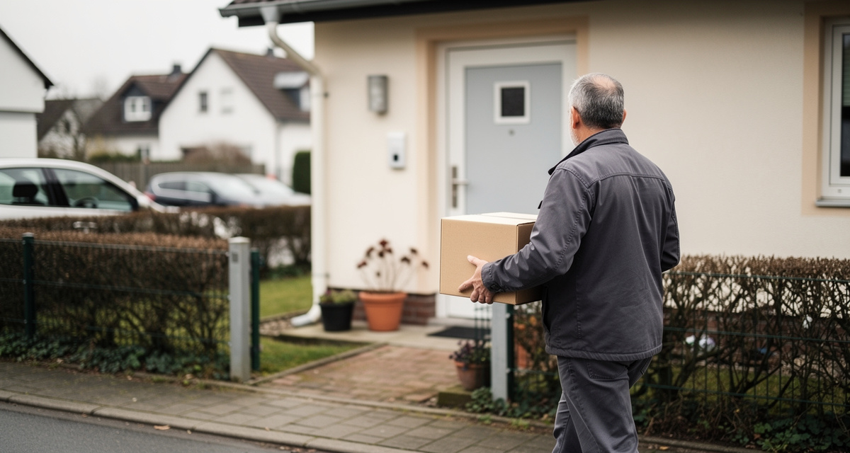 Paketzusteller trägt ein Paket zu einer Haustür in einer ruhigen Wohnstraße