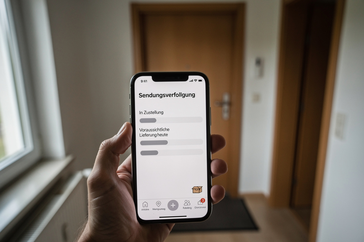 Smartphone zeigt eine Sendungsverfolgungsansicht, im Hintergrund eine Wohnungstür