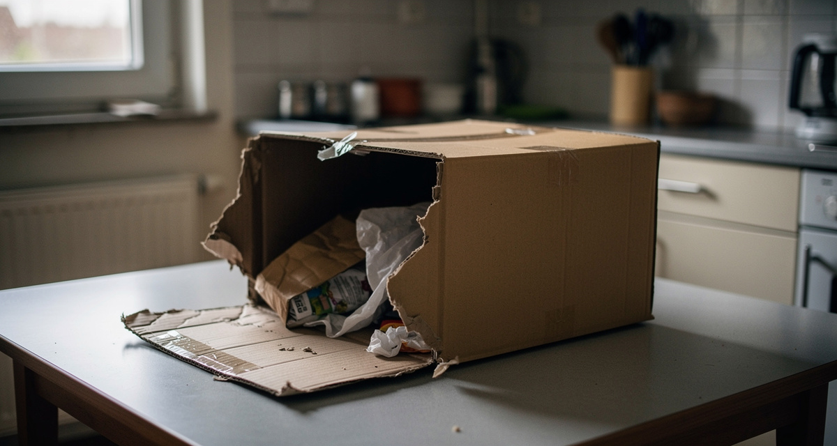 Beschädigtes Paket auf Küchentisch - Ausgangspunkt einer Beschwerde beim Paketdienst
