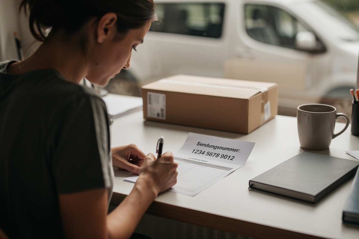 Person beim Ausfüllen einer schriftlichen Beschwerde - Sendungsnummer auf dem Lieferschein