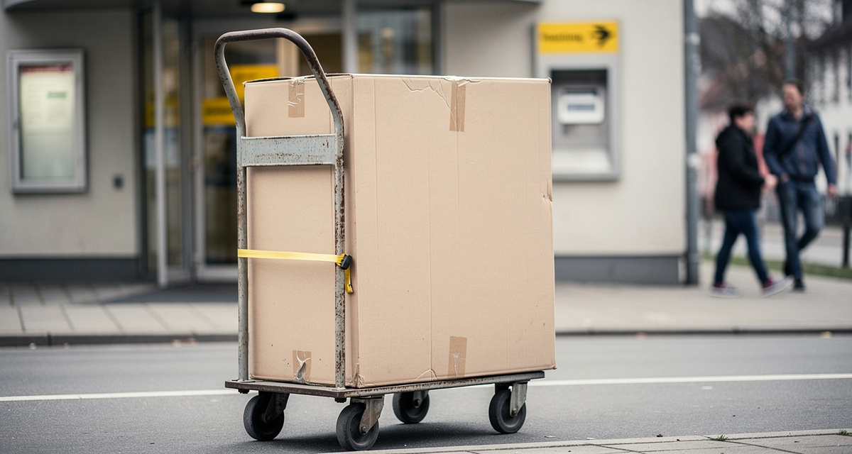 Fahrradkarton auf Sackkarre vor einer Postfiliale