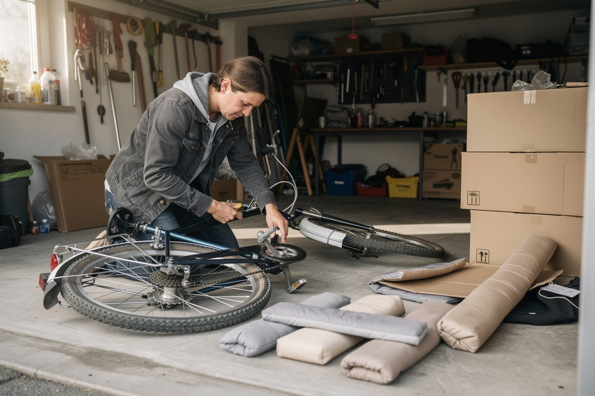 Lenker-Demontage beim Verpacken eines Fahrrads für den Versand