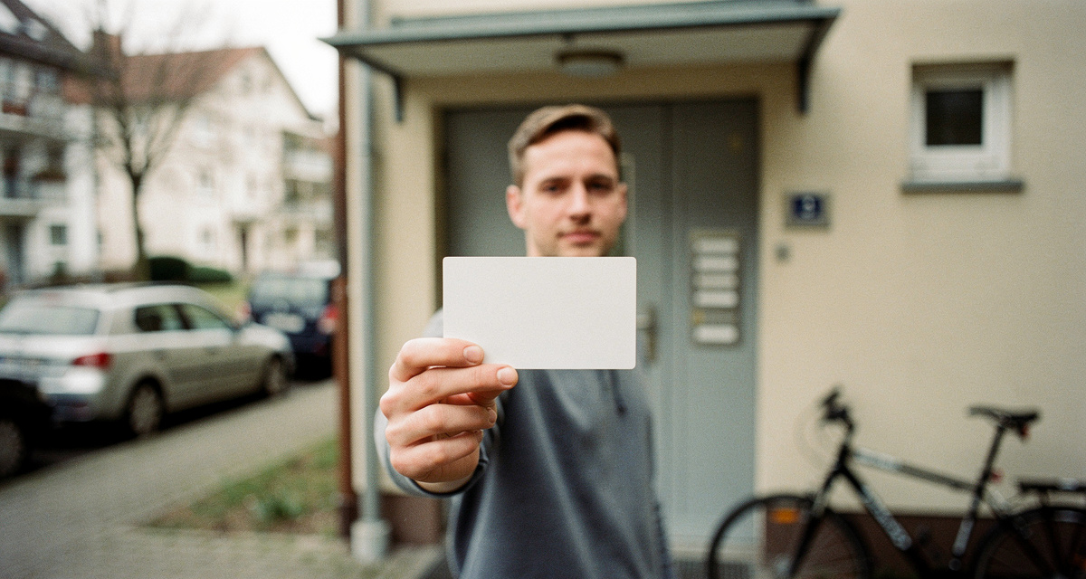 Person hält eine Benachrichtigungskarte eines Paketdienstes in der Hand vor einer Haustür