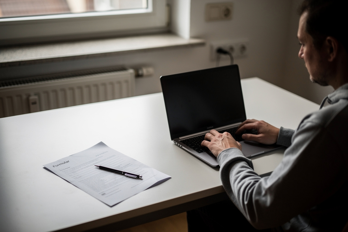Ausgefüllte Hermes-Vollmacht liegt neben Laptop auf einem Schreibtisch