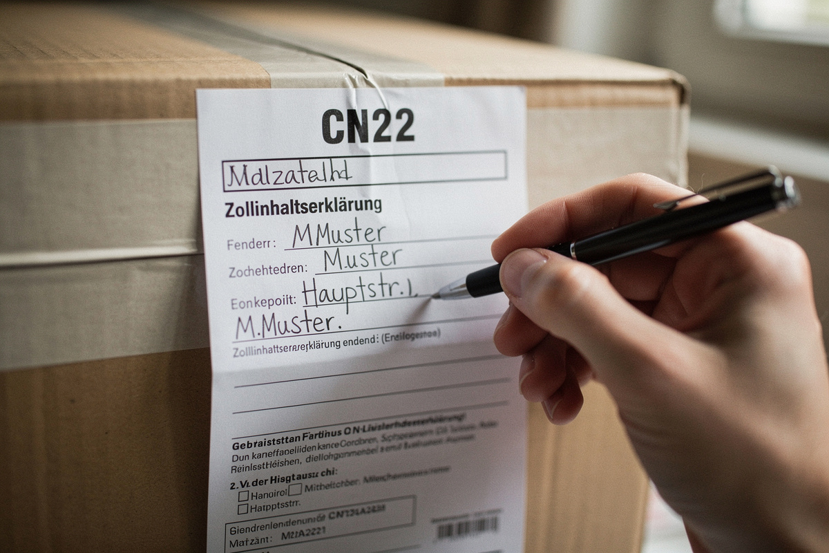 Handausgefüllte CN22-Zollinhaltserklärung auf einem Paket für den Auslandsversand