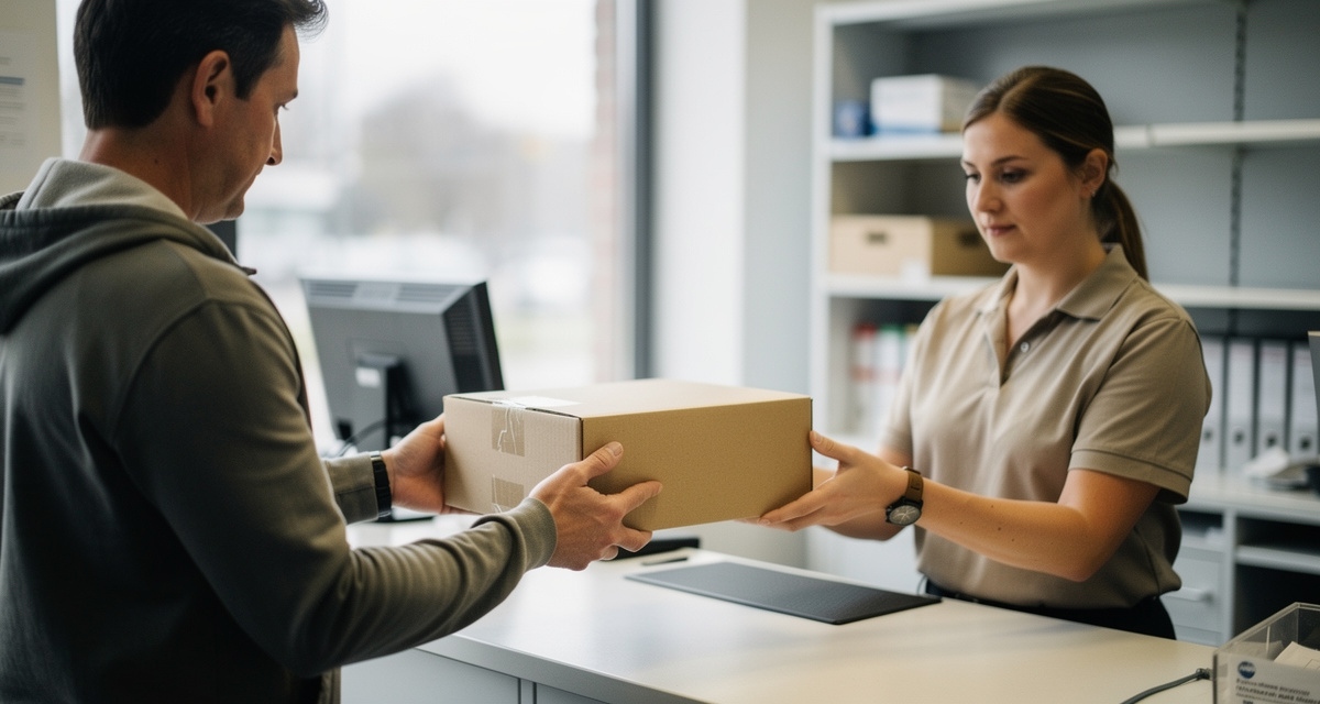 Person gibt ein Paket am Postschalter ab für den Versand nach Italien