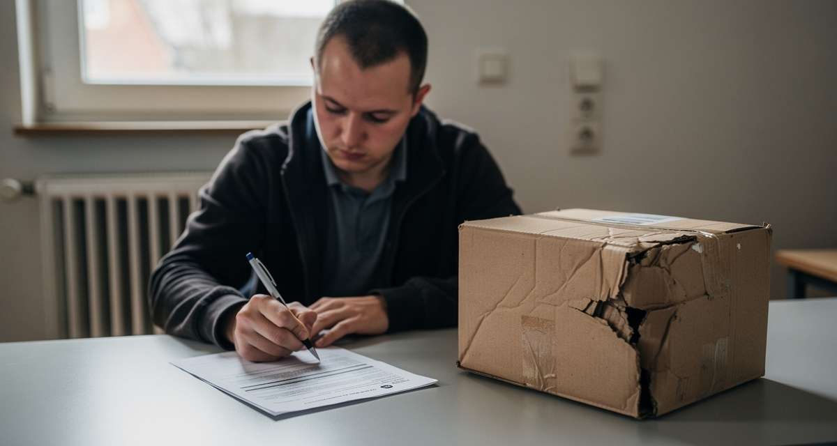 Person beim Ausfüllen eines Reklamationsformulars neben einem beschädigten Paketkarton