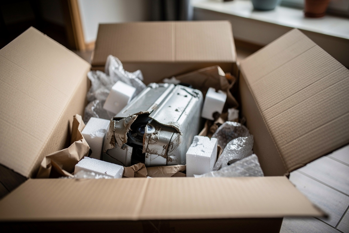 Geöffnete Paketbox mit sichtbarem Transportschaden und beschädigtem Inhalt