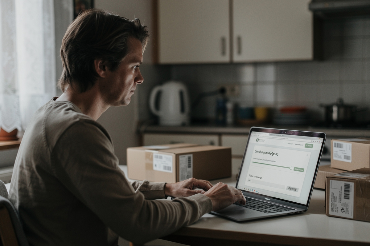 Verbraucherin prüft den Sendungsstatus ihres Pakets auf dem Laptop - erste Maßnahme bei streikbedingter Verzögerung