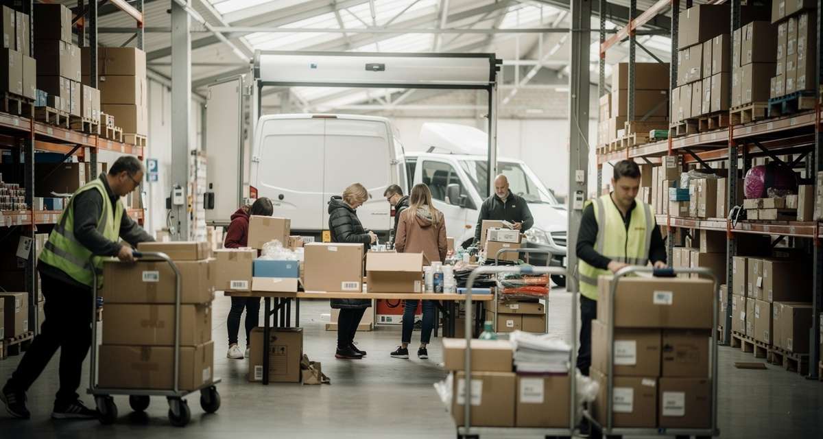 Gewerbelager mit Regalen voller gemischter Kartons und Pakete, natürliches Licht durch Hallenfenster
