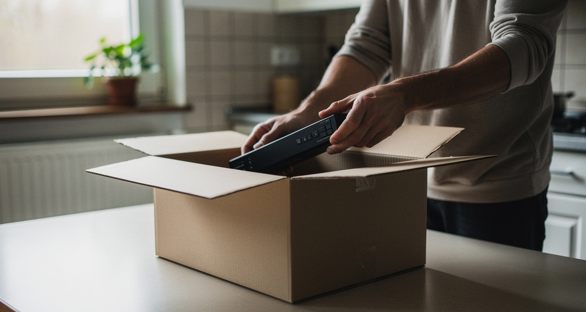 Hände verpacken eine schwarze Set-Top-Box in einen Karton