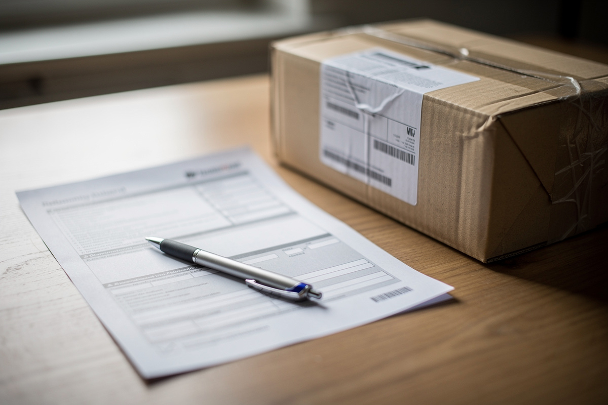 Retourenformular und Kugelschreiber neben einem Paket