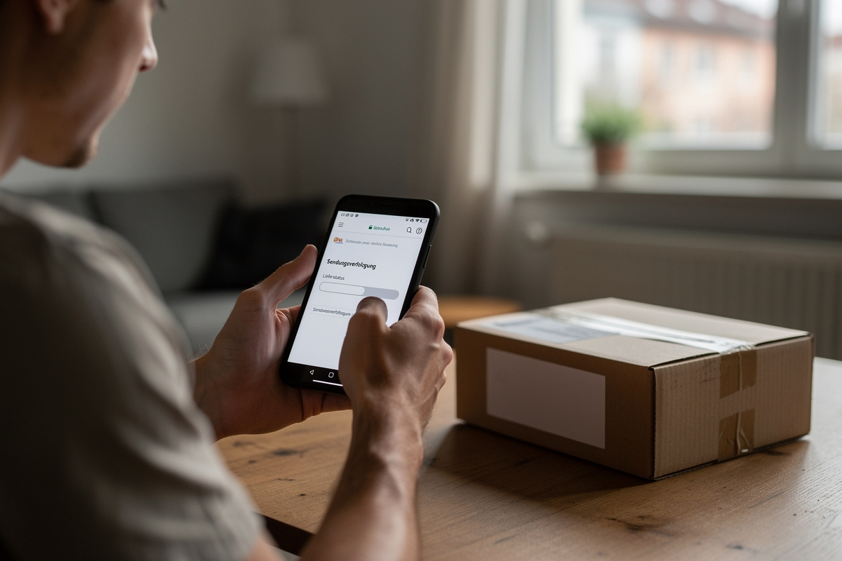Person verfolgt Paket auf dem Smartphone neben einem Paket auf dem Tisch