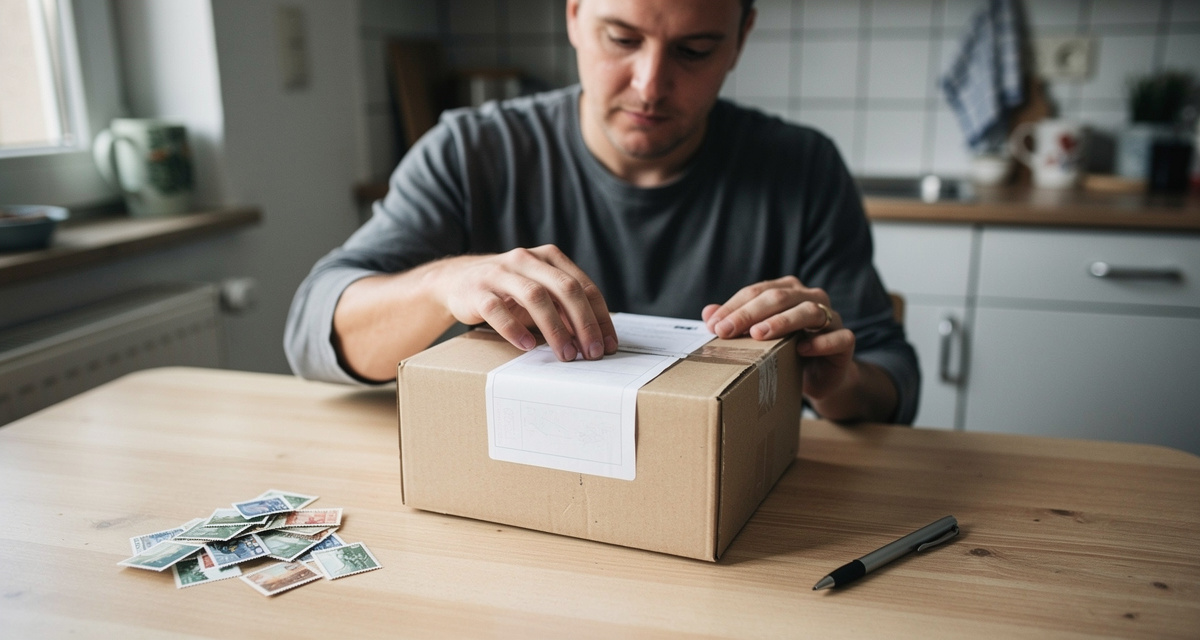 Absender bereitet ein Paket für den Versand nach England vor