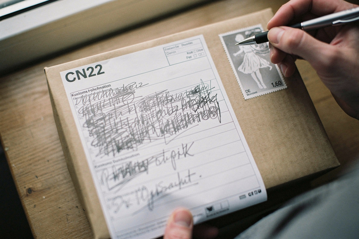 CN22-Zollinhaltserklärung auf einem Päckchen für den Versand nach England