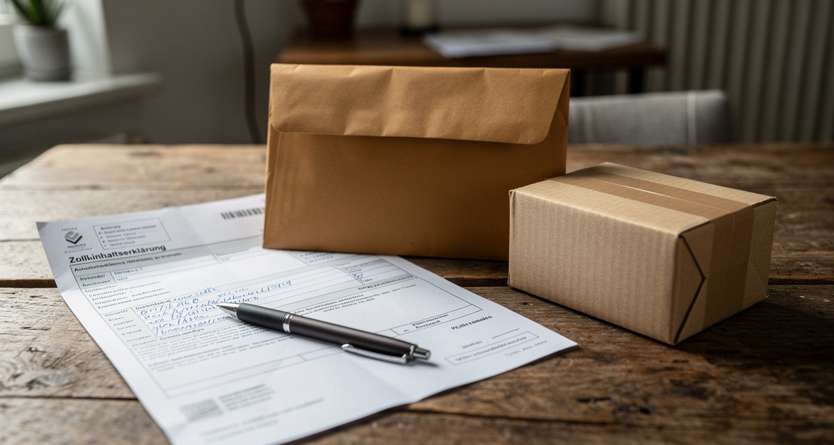 Brief und Paket neben einem ausgefüllten Zolldeklarationsformular für den Versand in die Schweiz