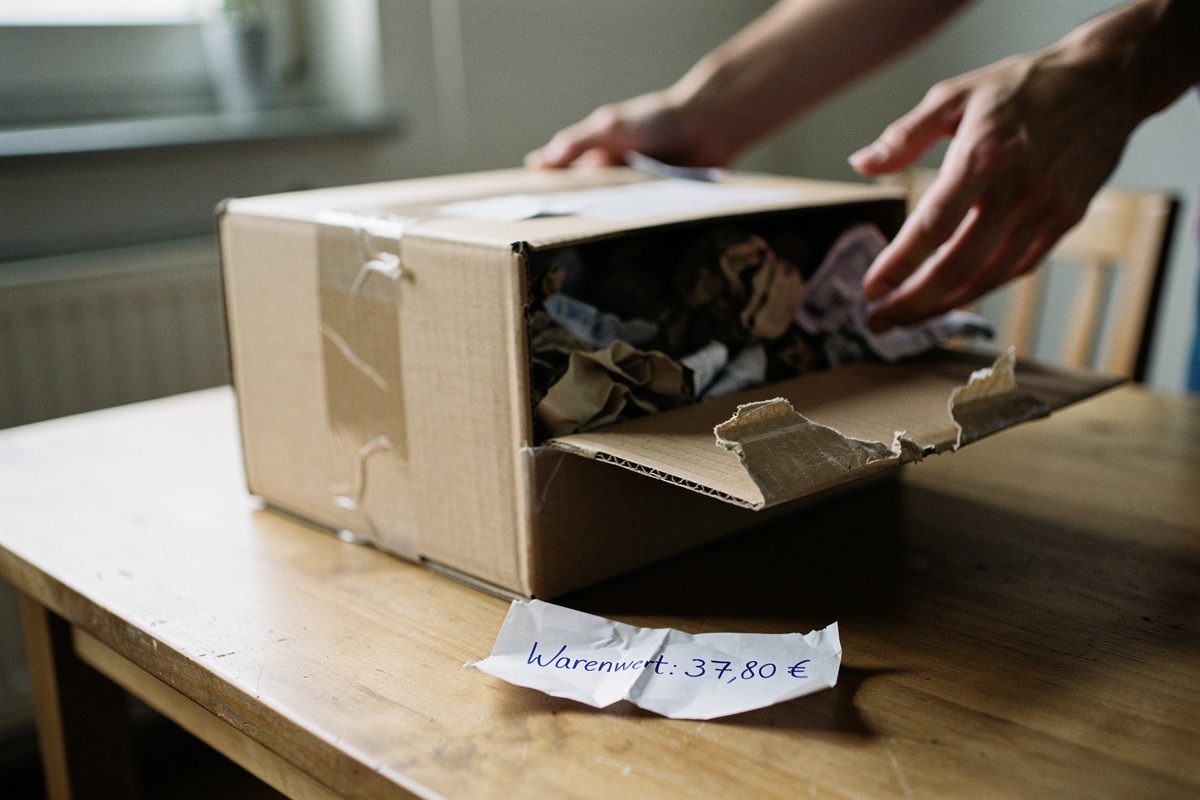 Geöffnetes Paket mit Kaufbeleg als Wertnachweis