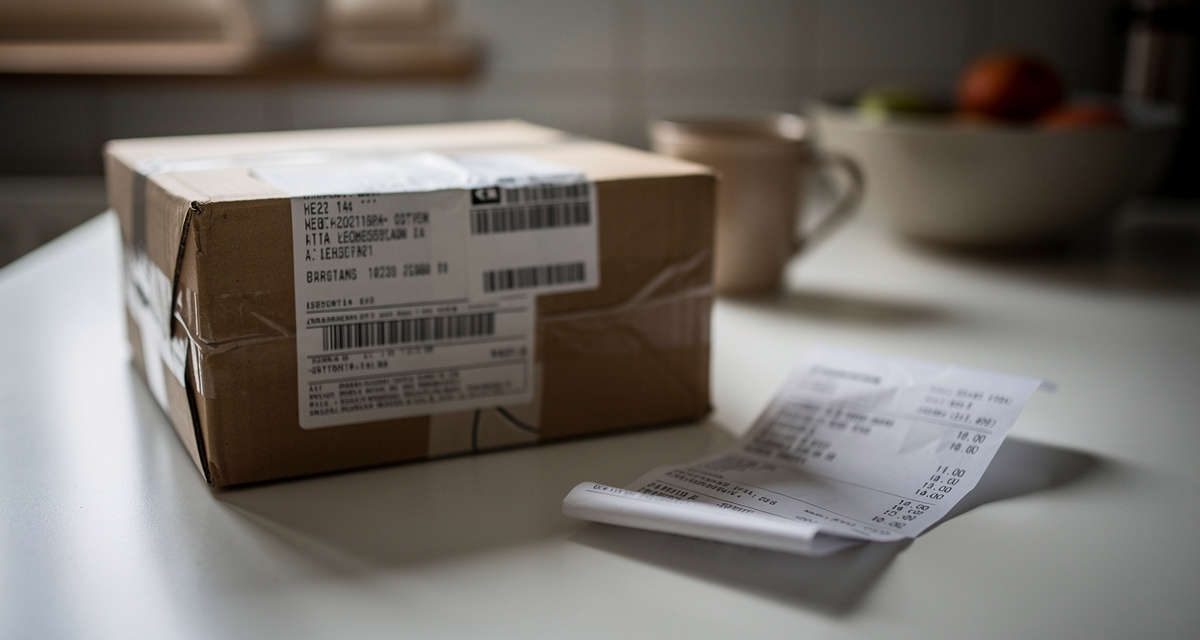 Paket aus dem Ausland mit Zollpapieren und Zahlungsbeleg auf einem Küchentisch