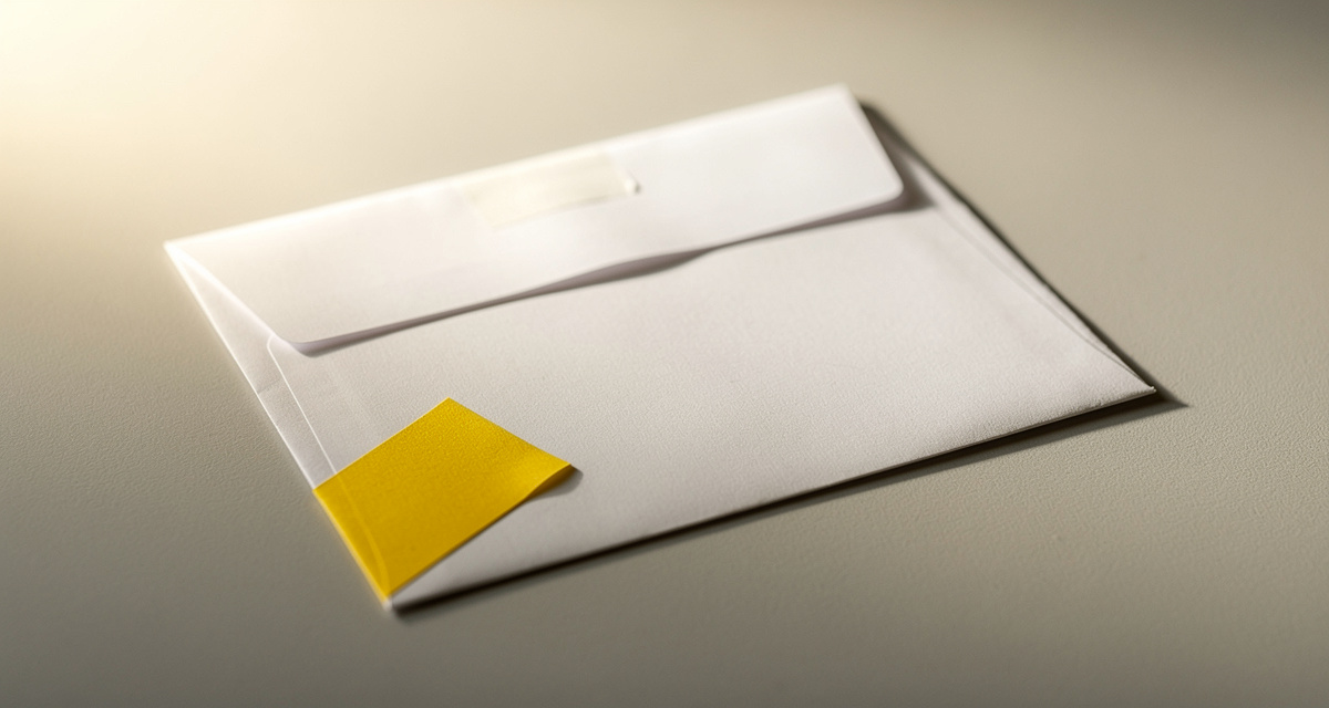 Weißer Briefumschlag mit gelbem Nachentgelt-Aufkleber der Deutschen Post