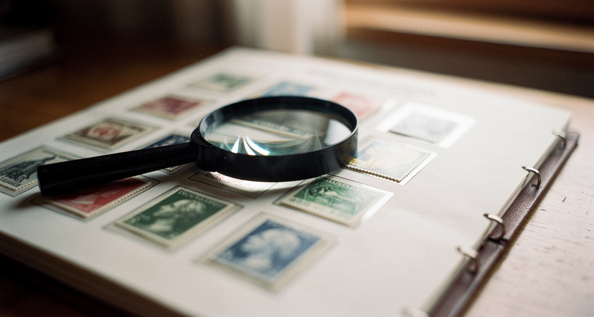 Lupe über Briefmarken-Sammelalbum mit Kleinbogen aus verschiedenen Ländern
