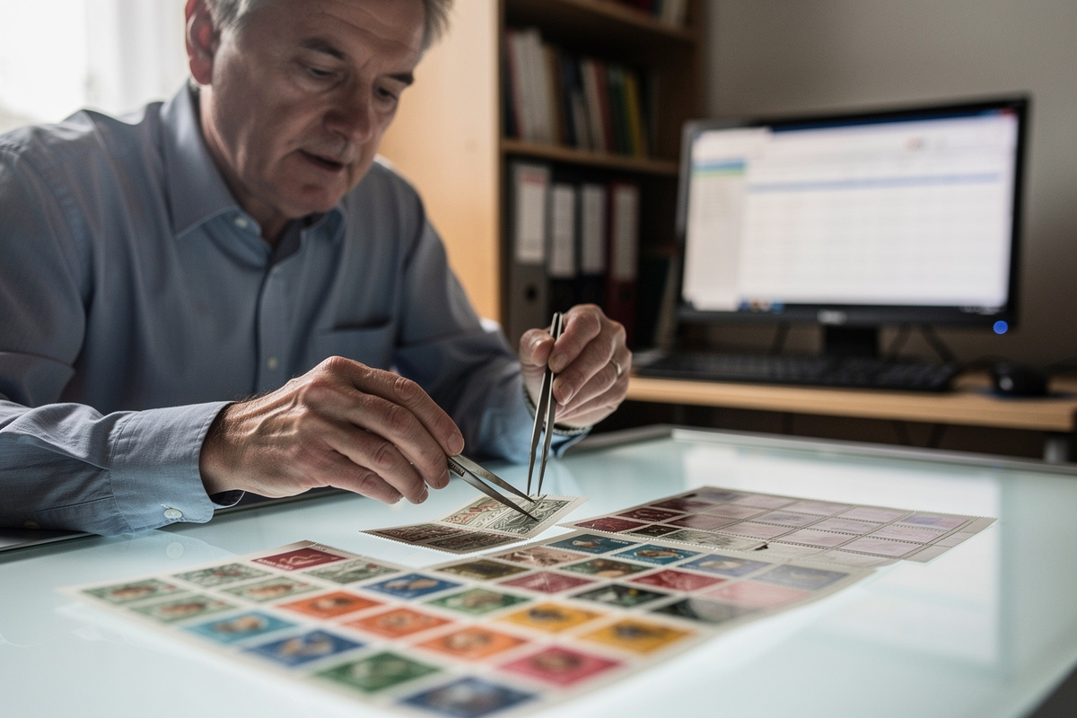 Sammler prüft Briefmarken-Kleinbogen auf dem Schreibtisch