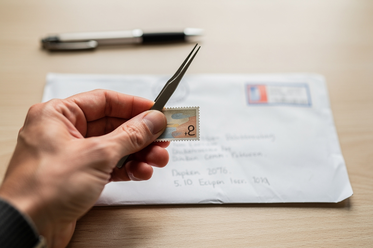 Briefmarke für den Versand auf Catawiki - Vorbereitung mit Pinzette