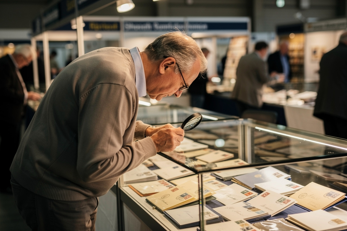 Sammler mit Lupe an einem Briefmarken-Händlerstand