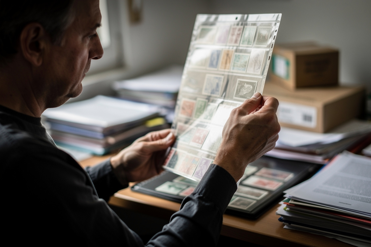 Sammler prüft Briefmarken in Klarsichthülle - Dokumentation für den Versicherungsfall